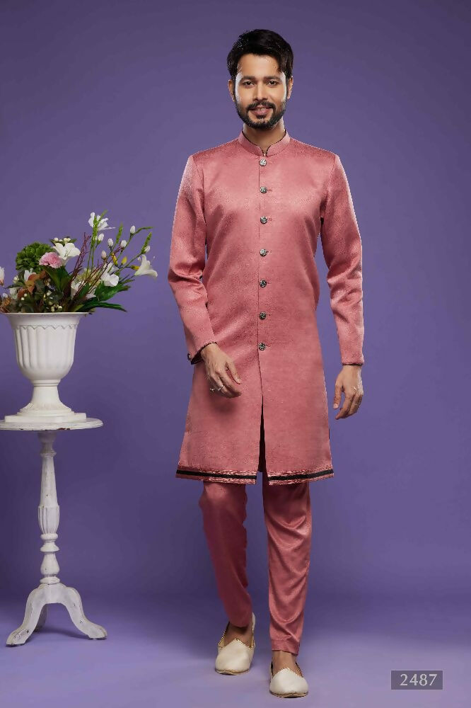Raivat Ethnic Art Banarasi Silk Thread Work Kurta Pajama In Rust Pink Colour