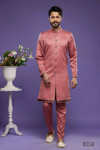 Raivat Ethnic Art Banarasi Silk Thread Work Kurta Pajama In Rust Pink Colour