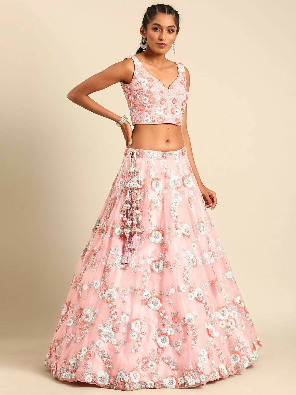 House of Panchhi Pink Net Sequins and Zarkan embroidery Lehenga choli & Dupatta