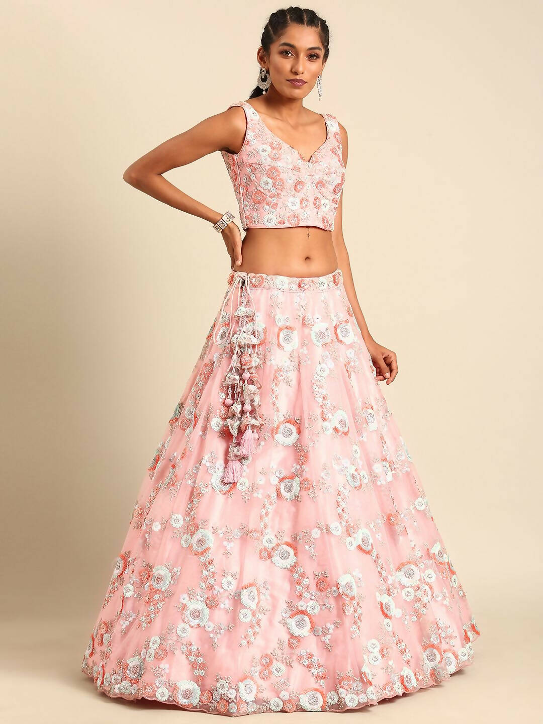 House of Panchhi Pink Net Sequins and Zarkan embroidery Lehenga choli & Dupatta
