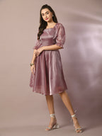 Myshka Women's Brown Solid Square Neck Fit and Flare Party Dress - Distacart