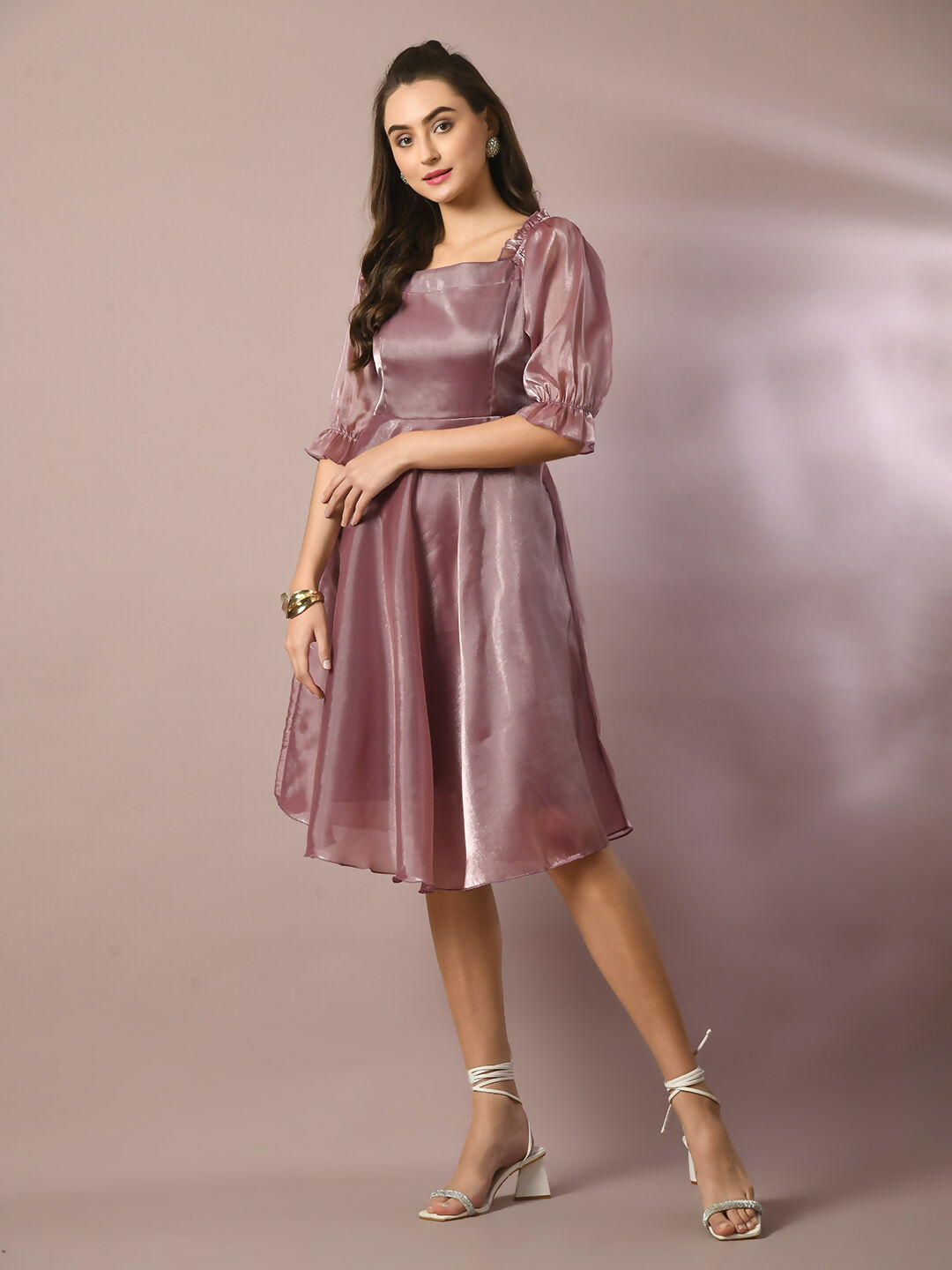 Myshka Women's Brown Solid Square Neck Fit and Flare Party Dress - Distacart