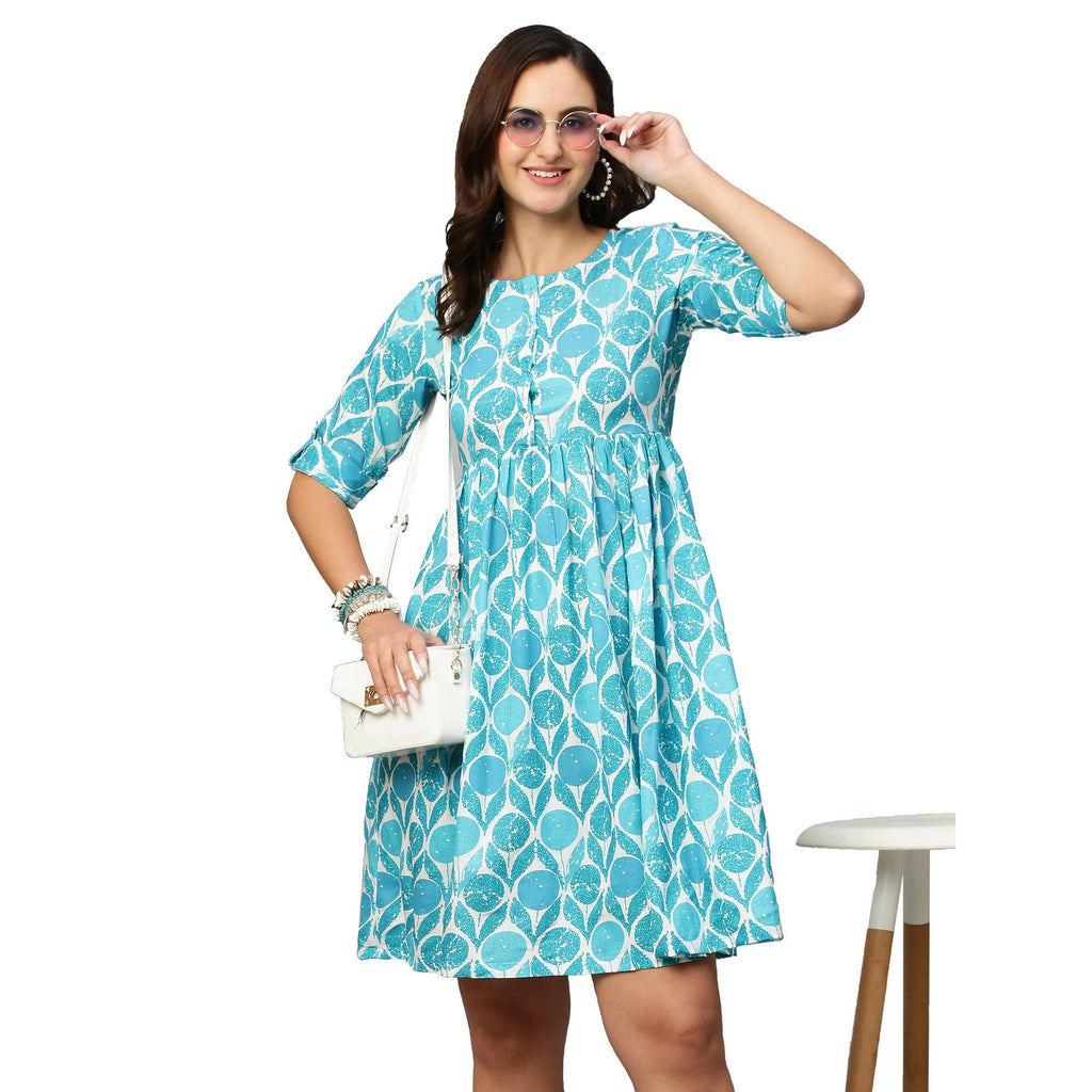 Blue & White Ethnic Motifs Printed Cotton A-Line Dress - Poonam - Distacart