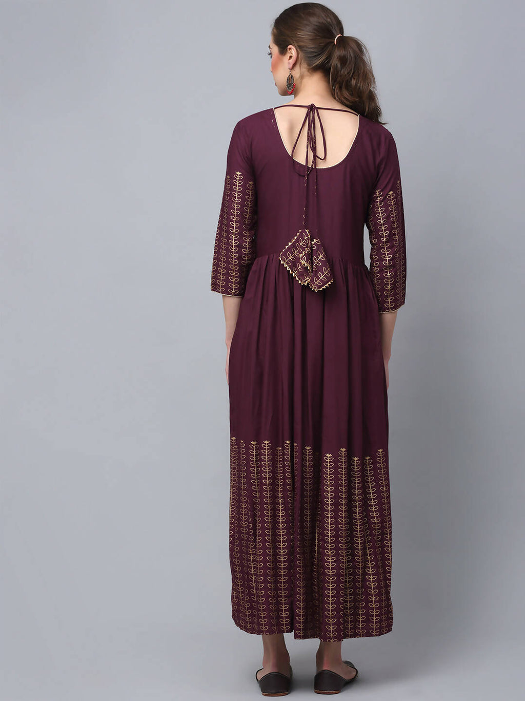 Rudra Bazaar Gold Printed A-Line Flared Brown Kurti - Distacart