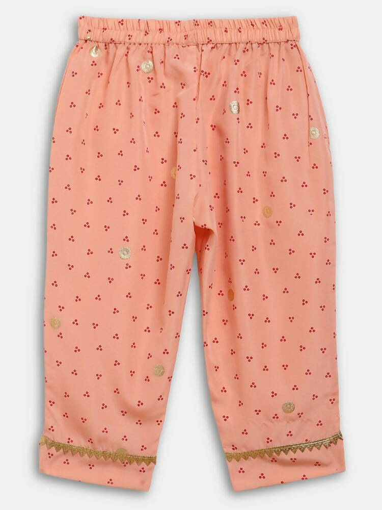 Ahalyaa Peach Crepe Gold Printed Kids Kurta Sets With Dupatta For Girls