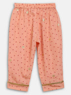 Ahalyaa Peach Crepe Gold Printed Kids Kurta Sets With Dupatta For Girls