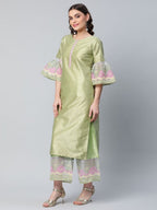Ahalyaa Women's Light Green Poly Silk Gold Printed Kurta Palazzo Set - Distacart