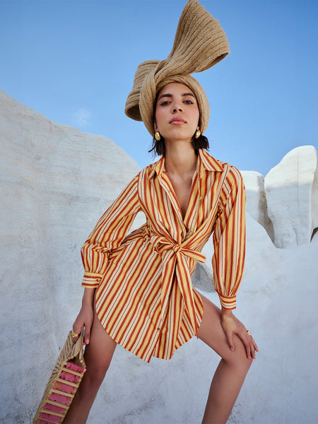 Zaccai Women's Yellow Poplin Striped Dress
