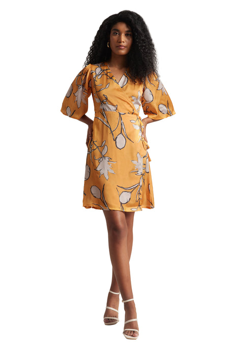 Zaccai Women's Mustard Satin Floral Dress