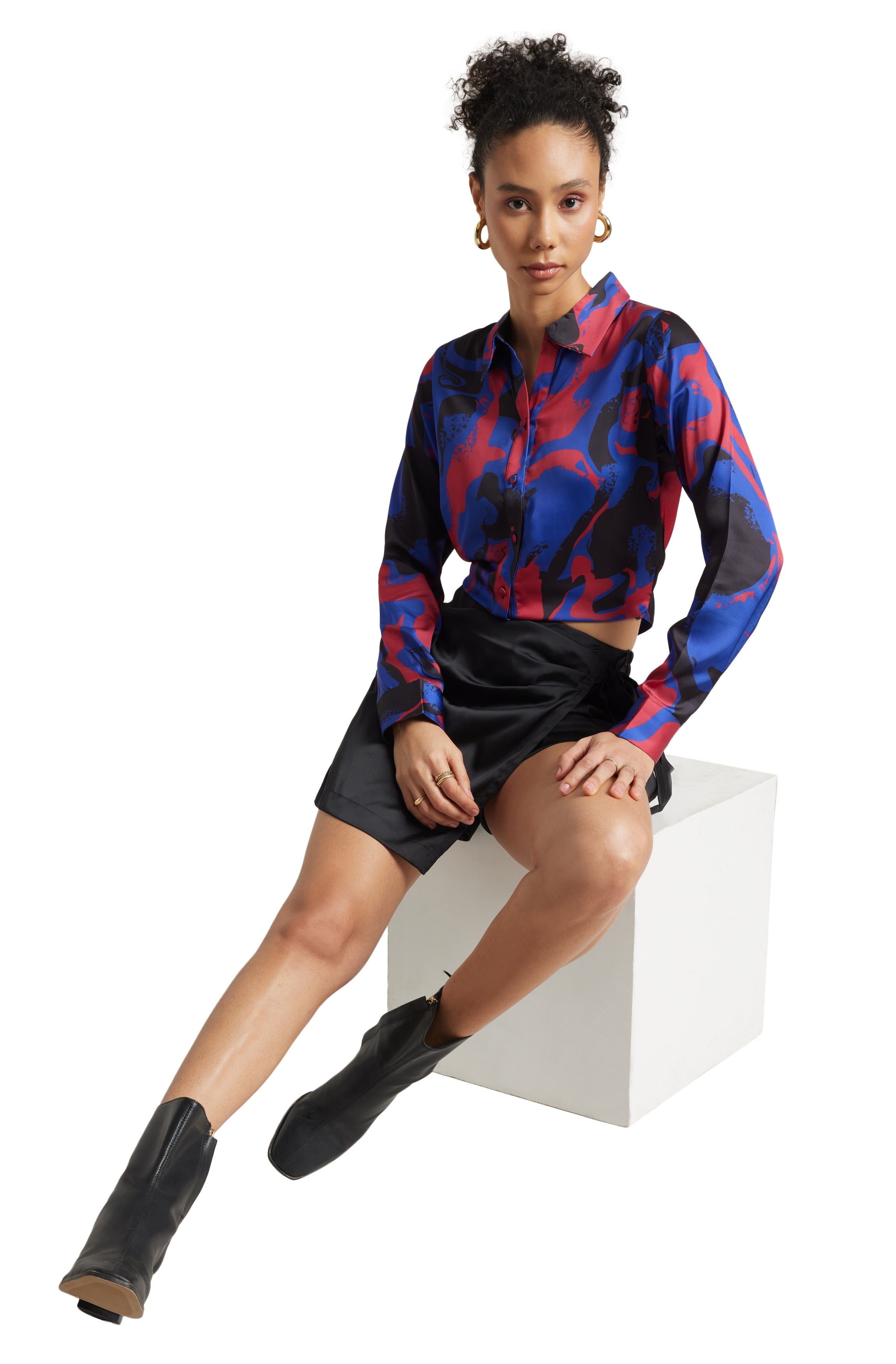 Zaccai Women's Blue Satin Abstract Top