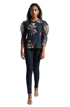 Zaccai Women's Navy Blue Organza Floral Top