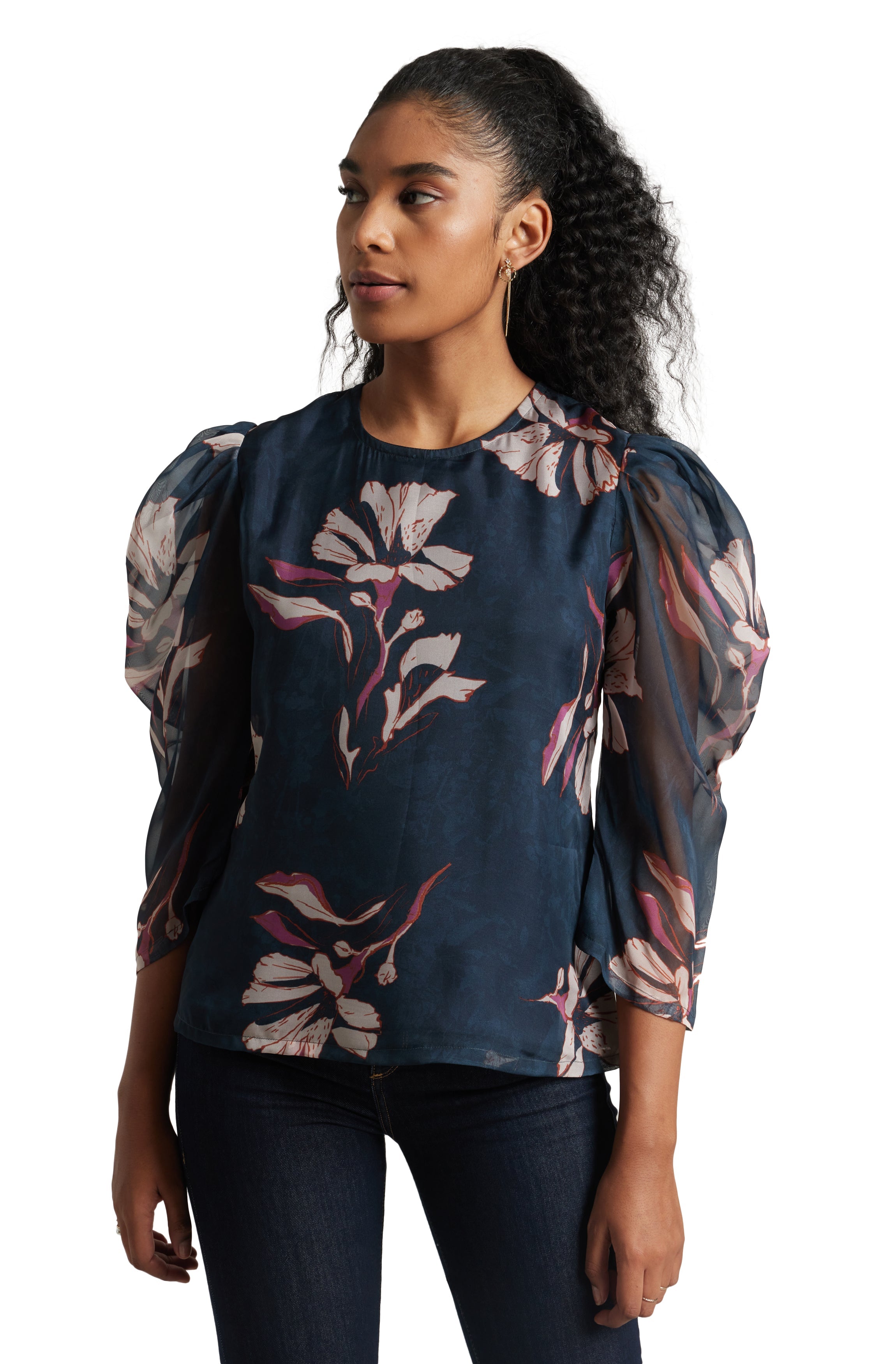 Zaccai Women's Navy Blue Organza Floral Top