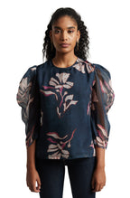Zaccai Women's Navy Blue Organza Floral Top