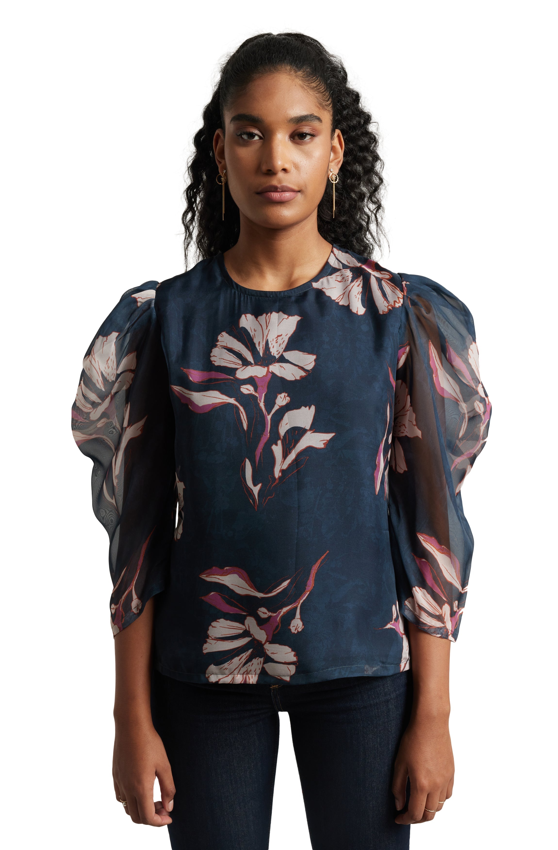 Zaccai Women's Navy Blue Organza Floral Top