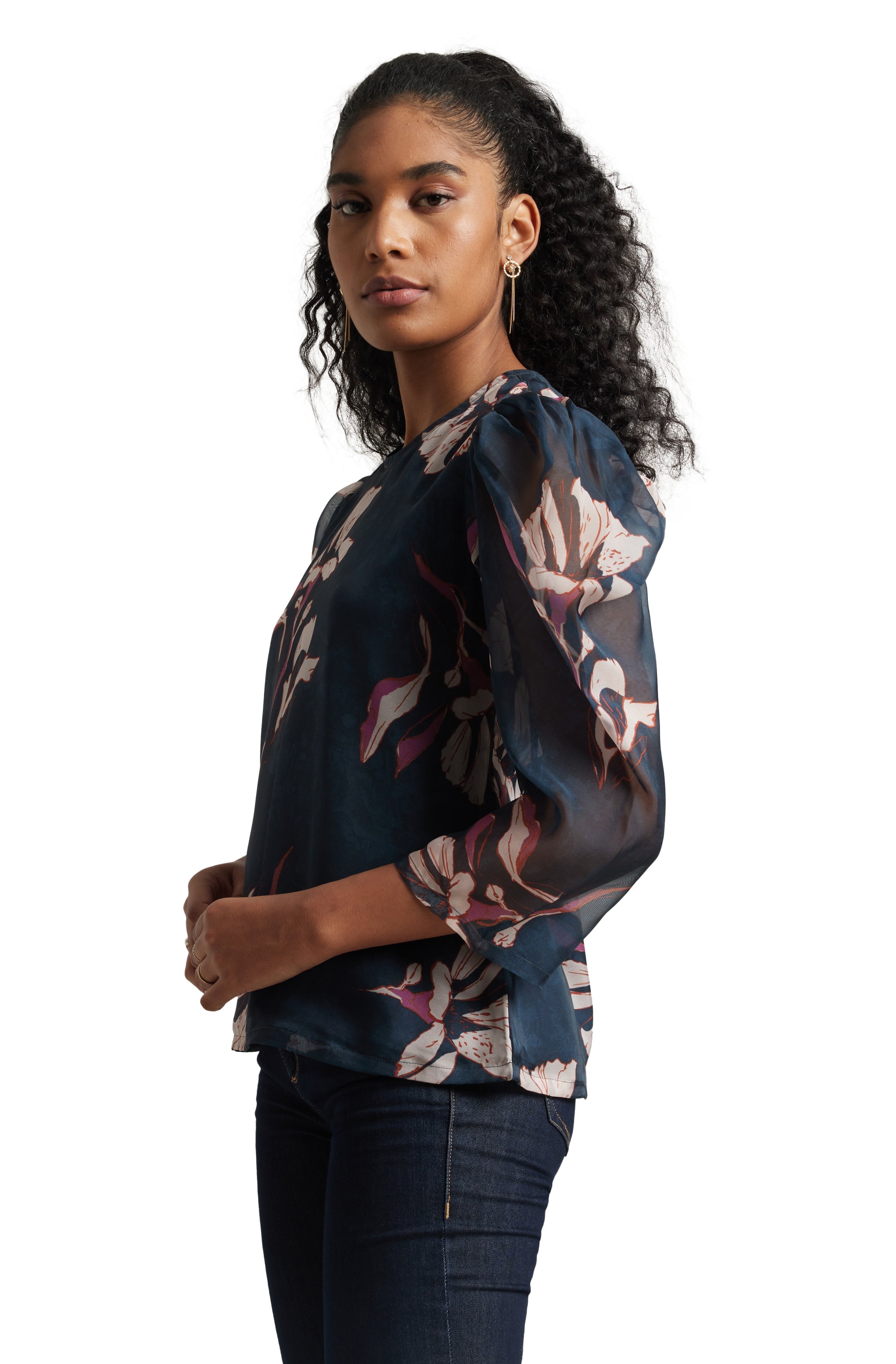 Zaccai Women's Navy Blue Organza Floral Top