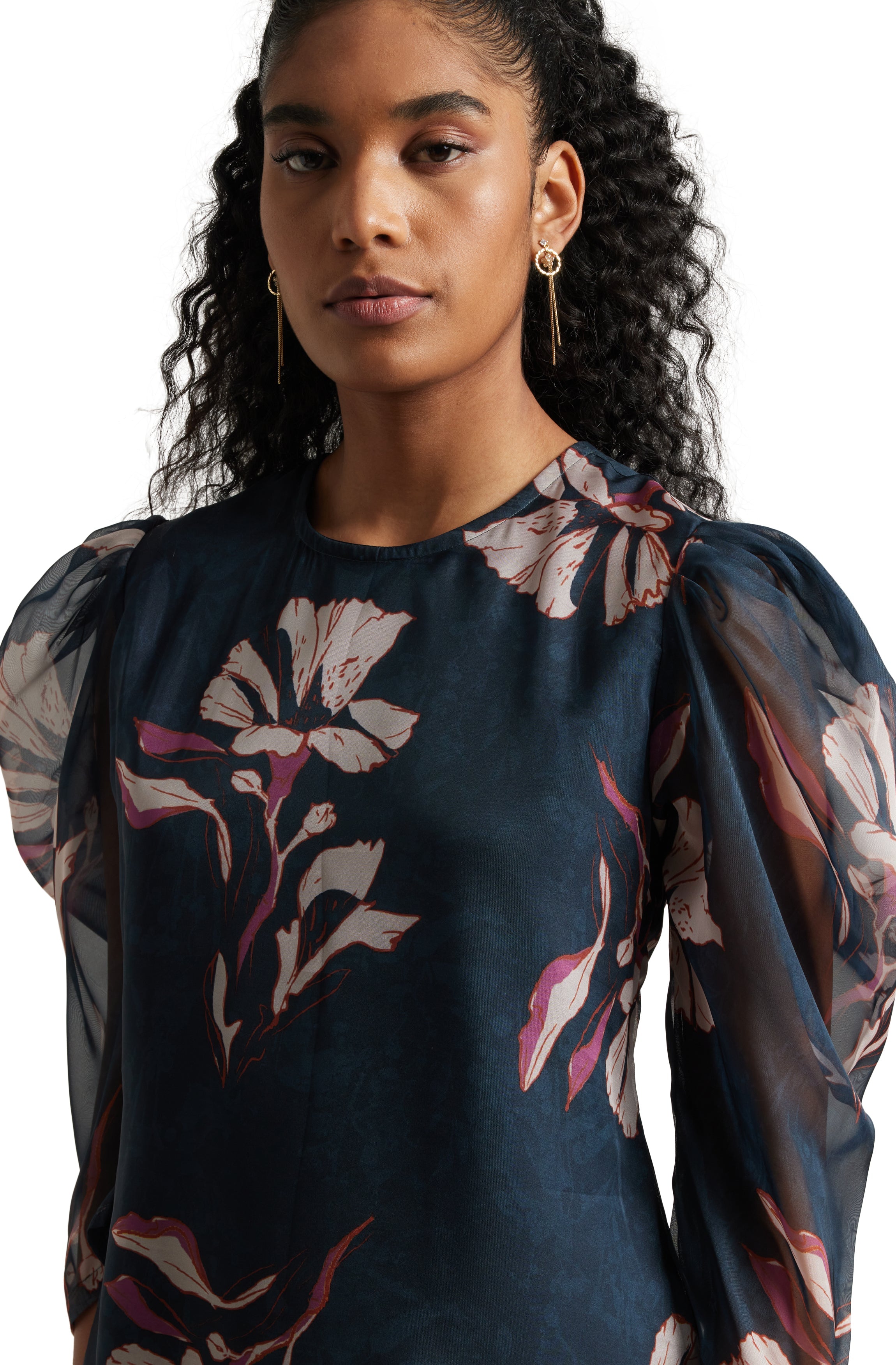 Zaccai Women's Navy Blue Organza Floral Top