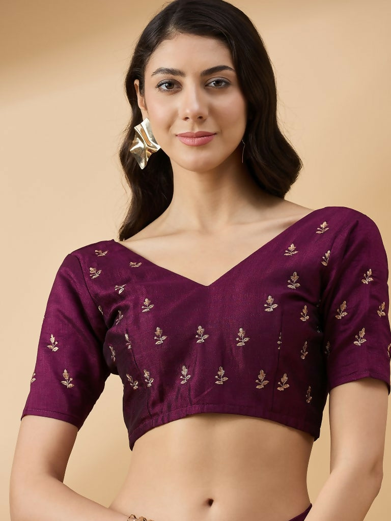 Purple Silk Blend Embroidered Saree with Unstitched Blouse - Vairagi