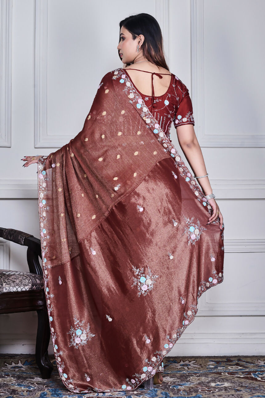 Morchari Brown Pure Chiffon Hand Embroidery Saree And Stitched Blouse - Distacart