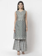 Myshka Women Grey Cotton Blend Printed Sleeveless Round Neck Kurta With Sharara & Dupatta Set