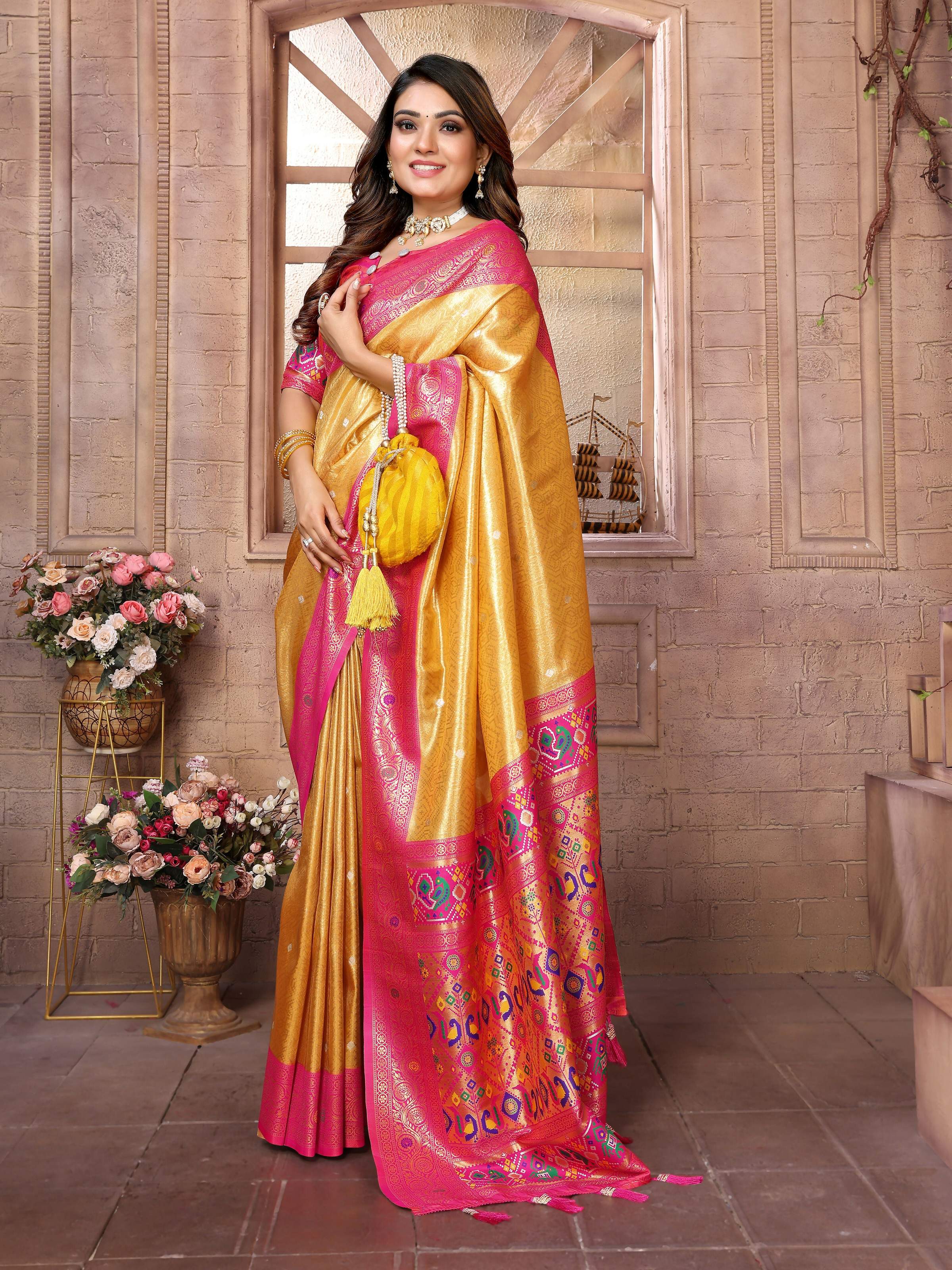Aastha Fashion Yellow Banarasi Tissue Silk Weaving Saree - Distacart