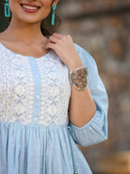 Juniper Women's Blue Cotton Dobby Solid With Embroidered Straight Tunic - Distacart