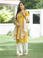 Juniper Mustard Mono Viscose Festive Wear Embroidered Straight Kurta Palazzo Dupatta Set - Distacart