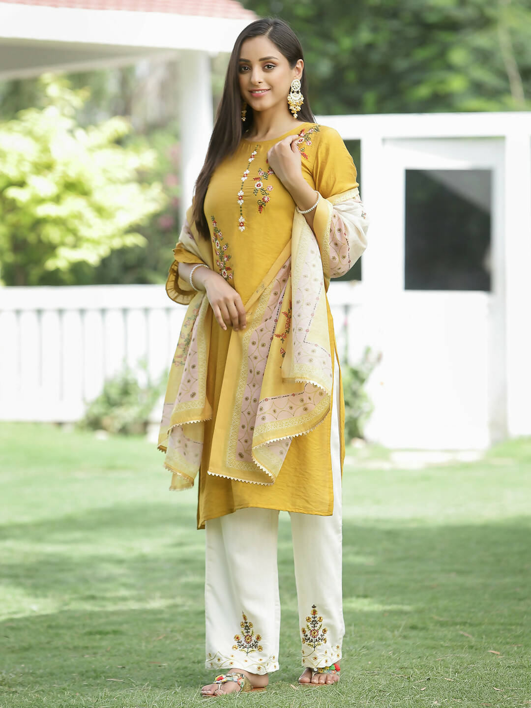 Juniper Mustard Mono Viscose Festive Wear Embroidered Straight Kurta Palazzo Dupatta Set - Distacart