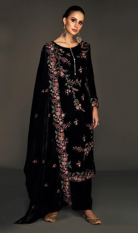 Anaita Black Pure Velvet Stitched Suit with Heavy Embroidery Sequence Work
