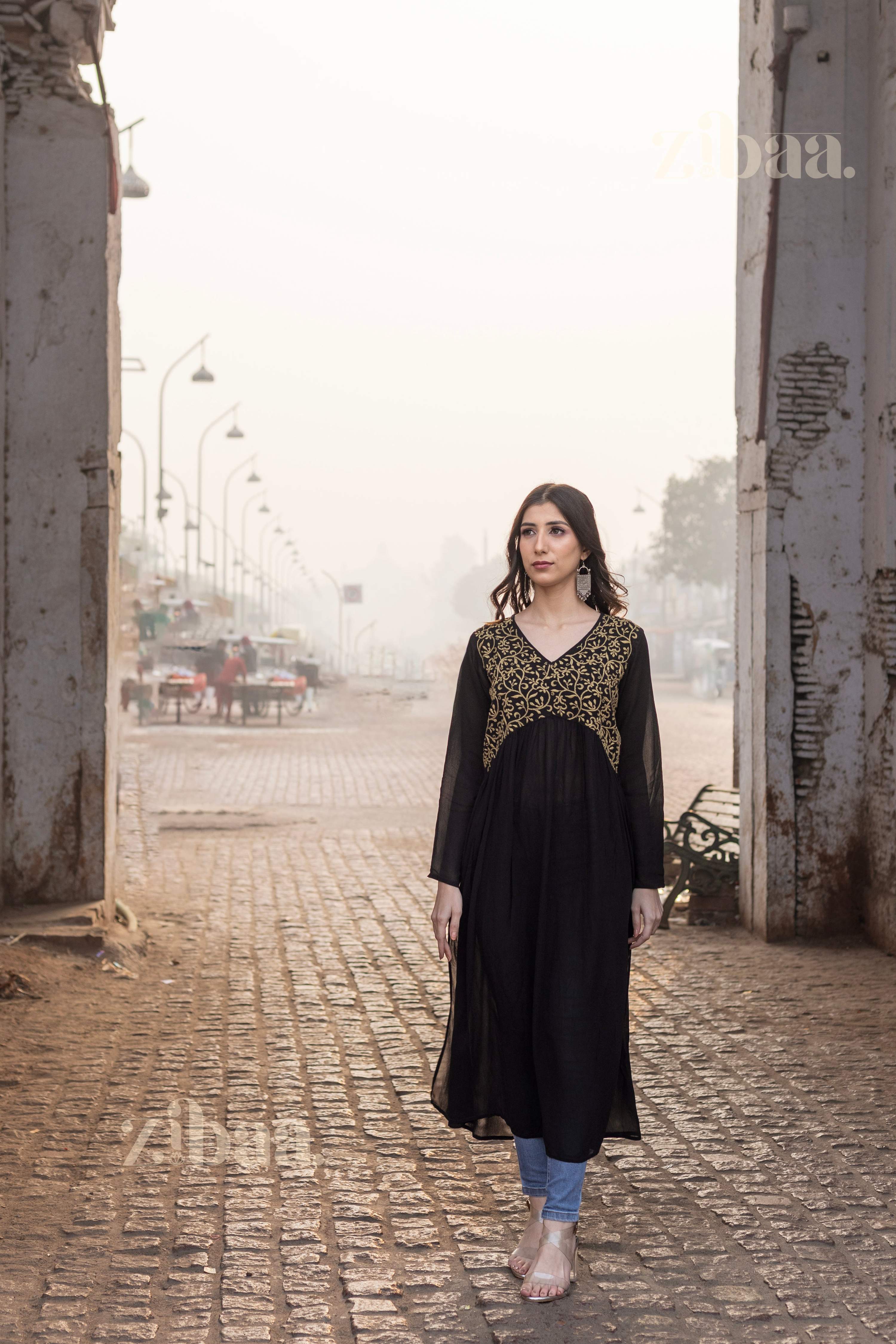 Zibaa Black Georgette Nyra Cut Chikankari Kurti - Distacart