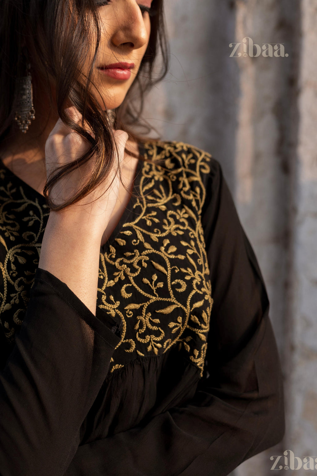 Zibaa Black Georgette Nyra Cut Chikankari Kurti - Distacart