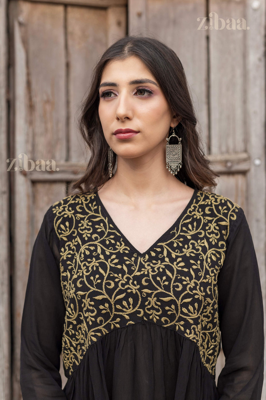 Zibaa Black Georgette Nyra Cut Chikankari Kurti - Distacart