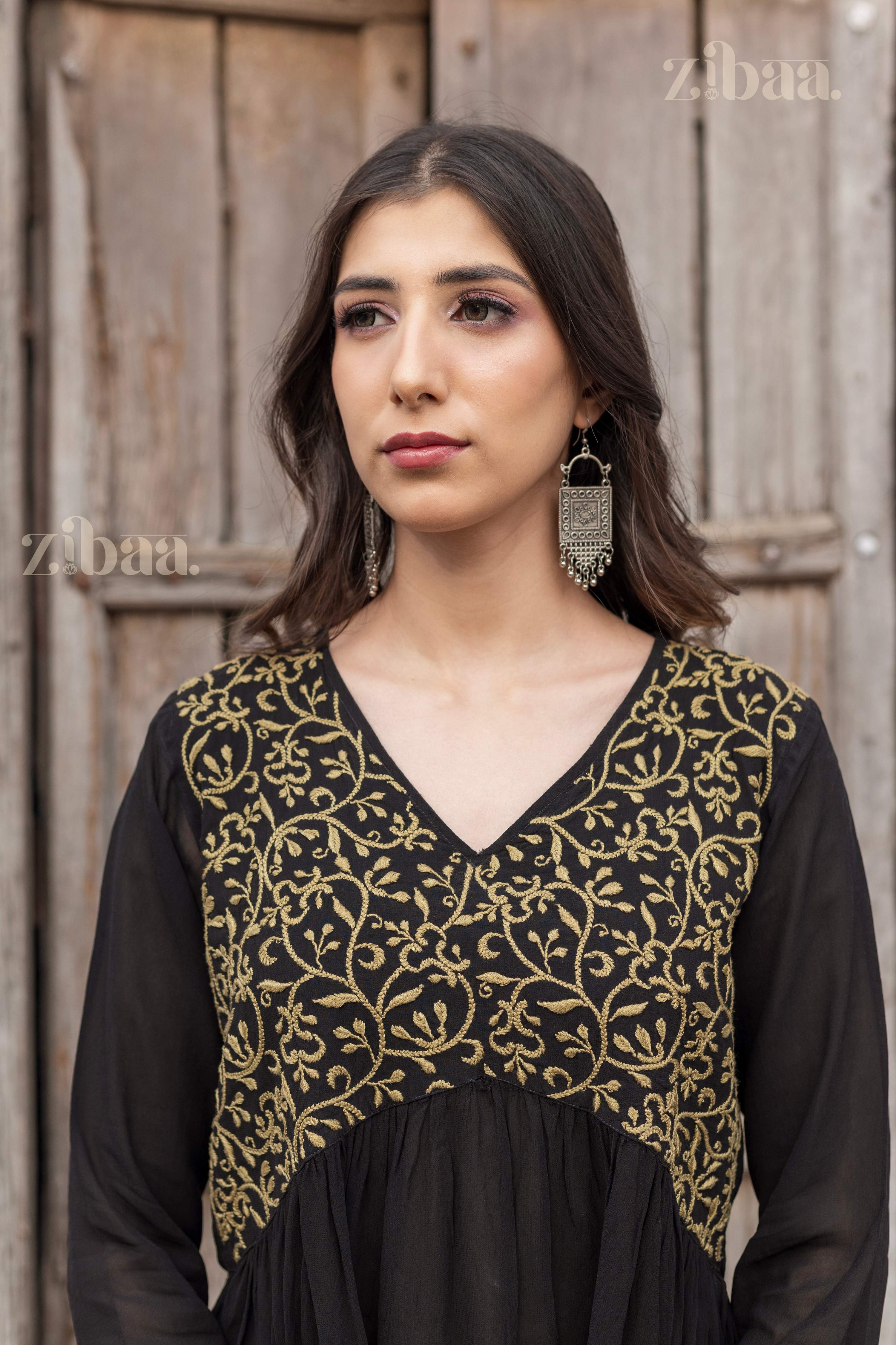 Zibaa Black Georgette Nyra Cut Chikankari Kurti - Distacart