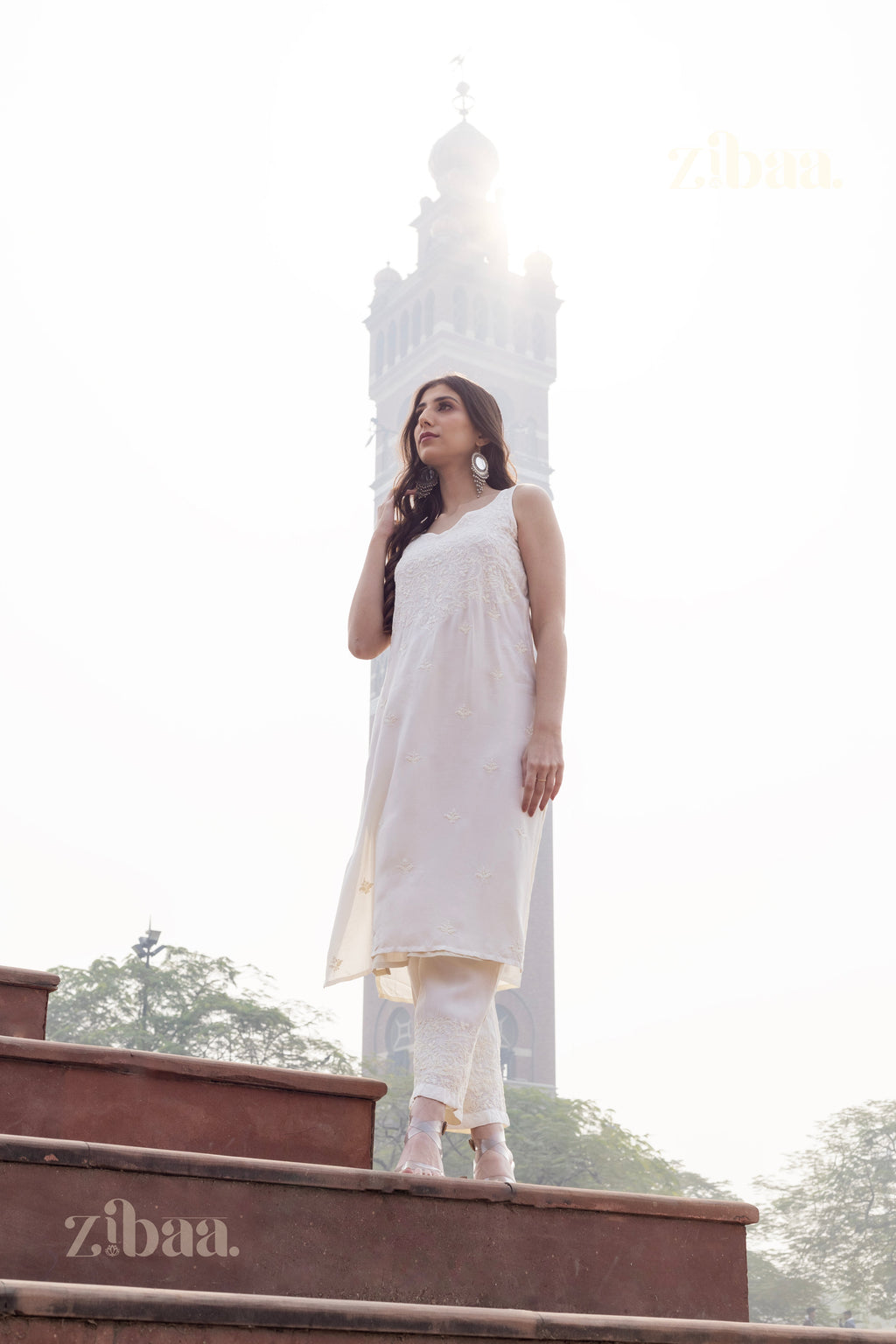 Zibaa Ivory Muslin Chikankari Co-ord Set - Distacart