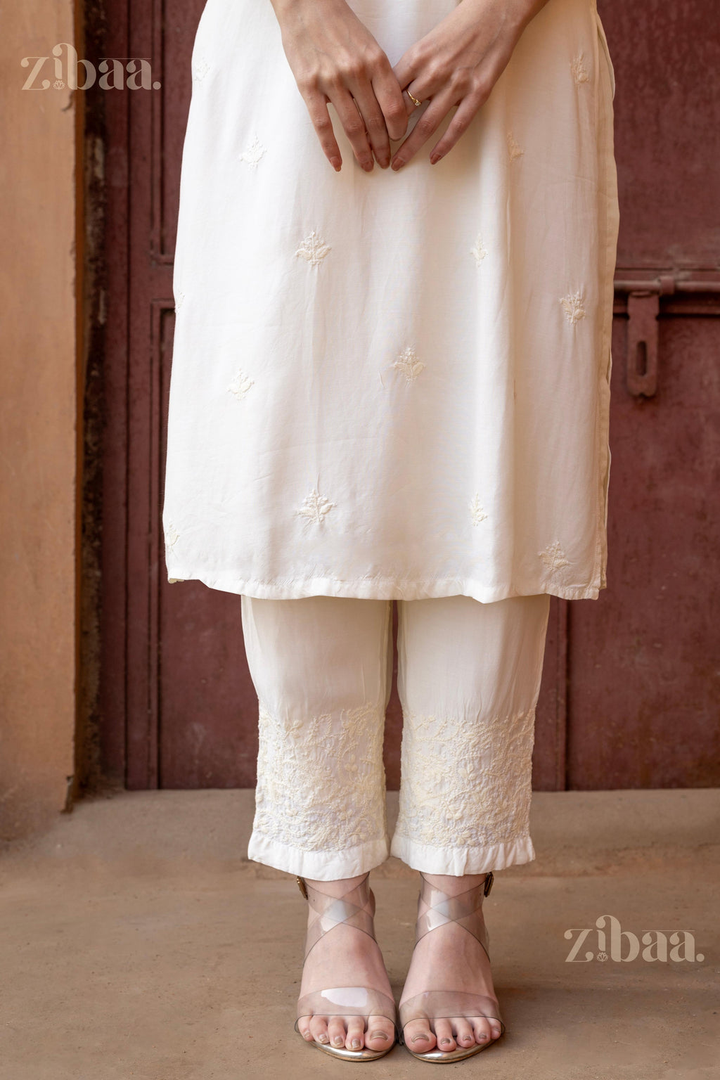 Zibaa Ivory Muslin Chikankari Co-ord Set - Distacart