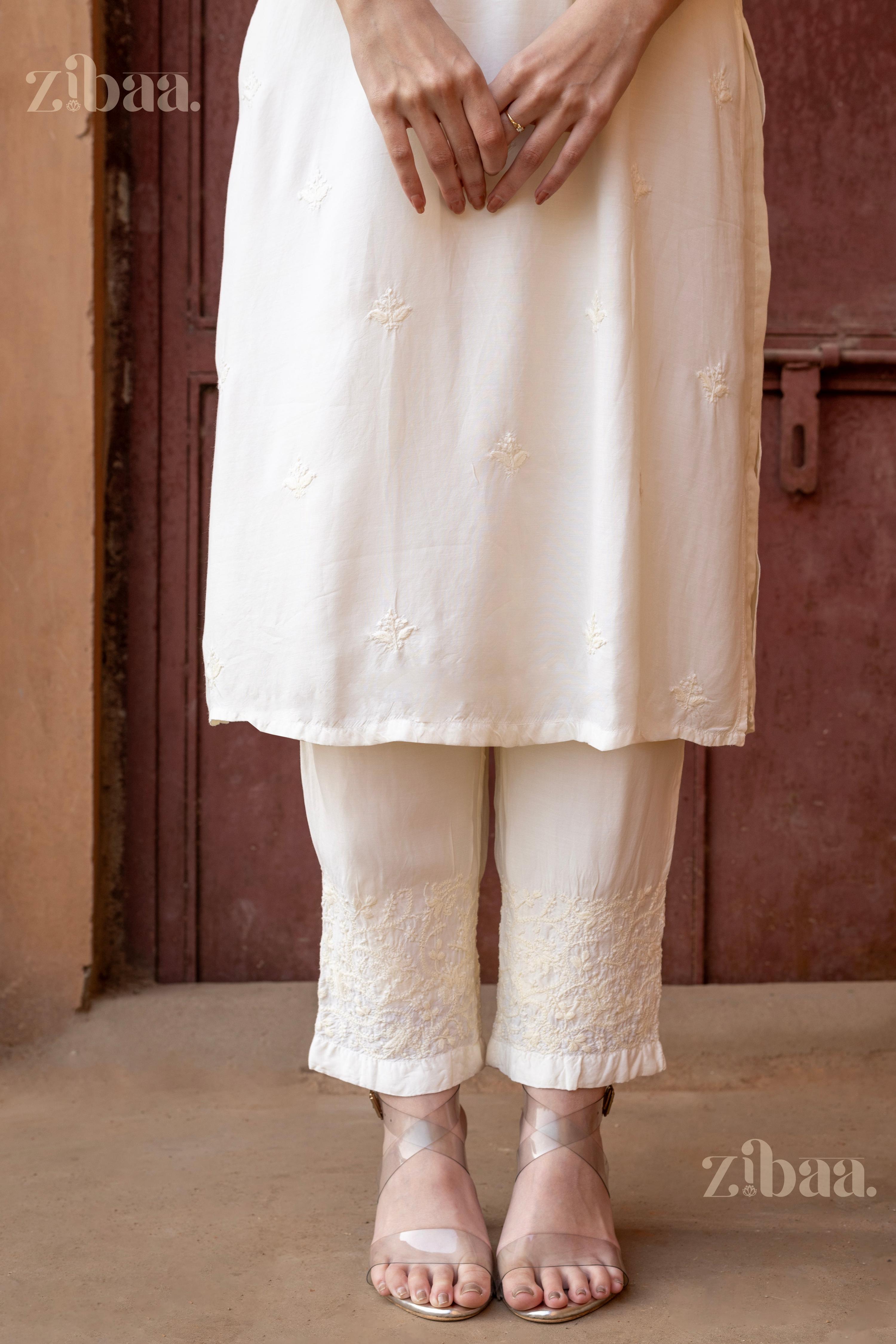 Zibaa Ivory Muslin Chikankari Co-ord Set - Distacart