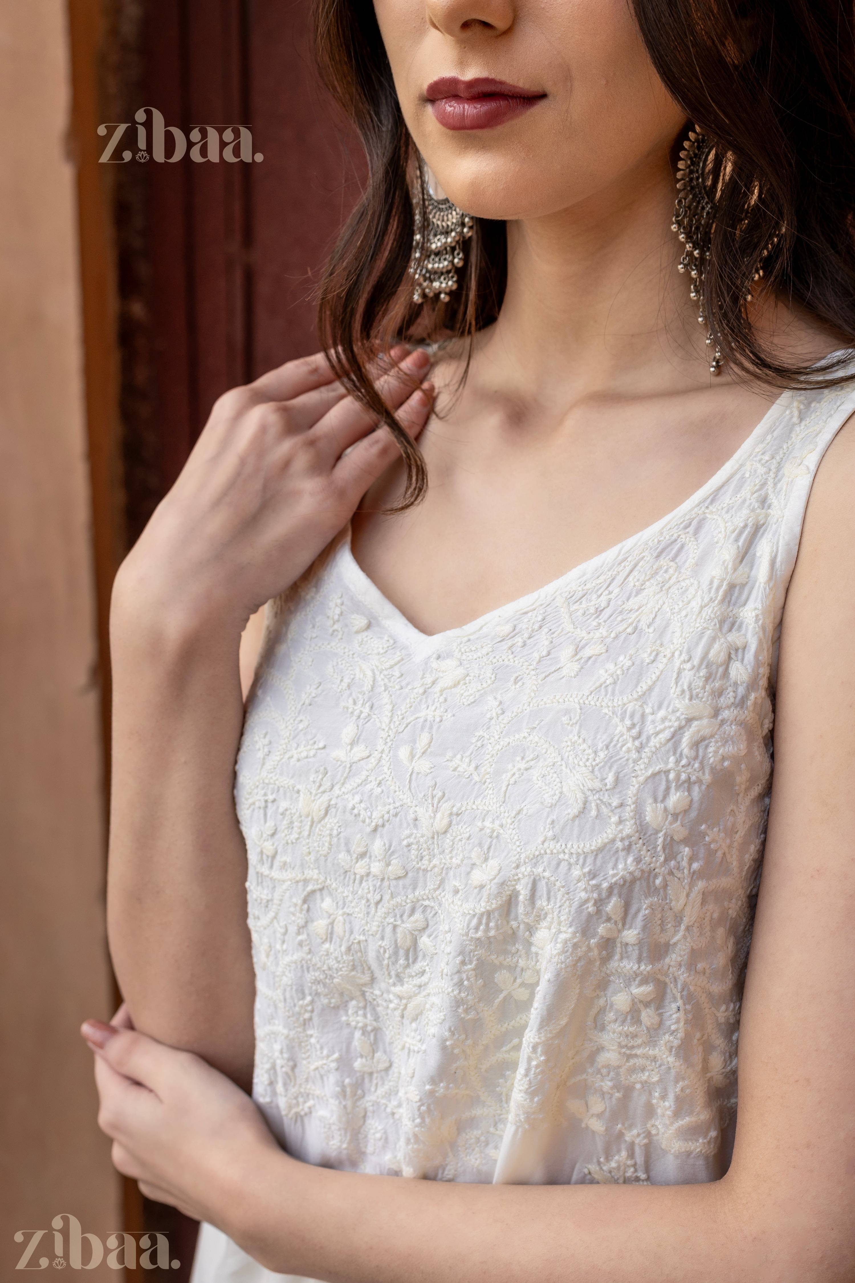 Zibaa Ivory Muslin Chikankari Co-ord Set - Distacart