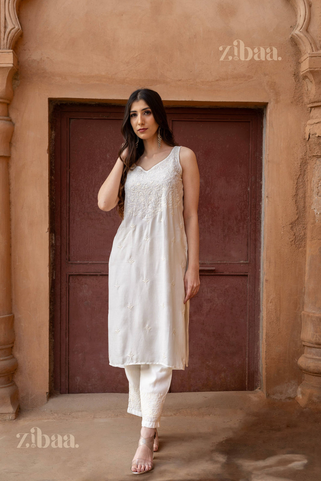 Zibaa Ivory Muslin Chikankari Co-ord Set - Distacart