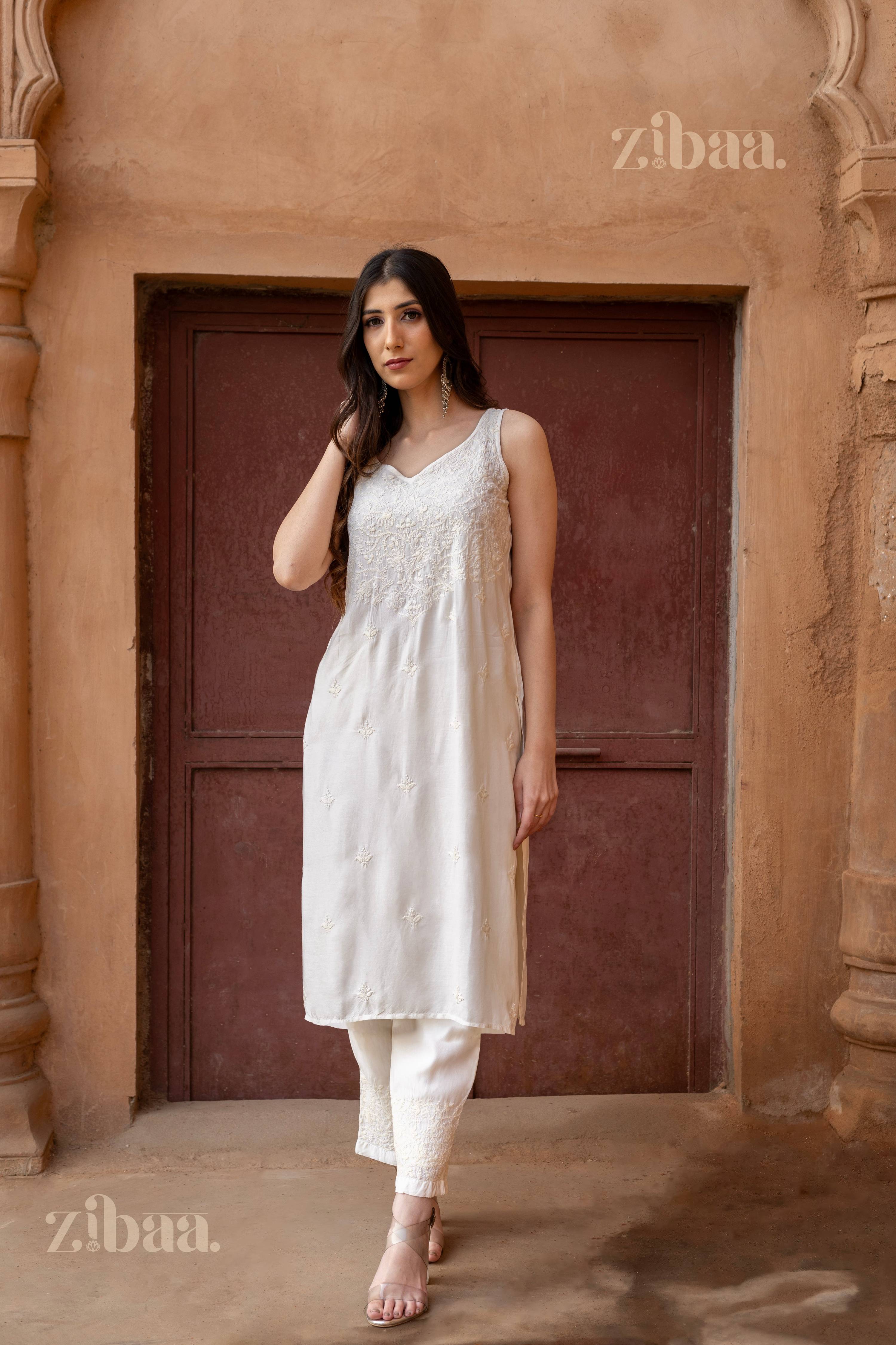 Zibaa Ivory Muslin Chikankari Co-ord Set - Distacart