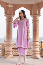 Zibaa Lilac Rayon Chikankari Co-ord Set - Distacart