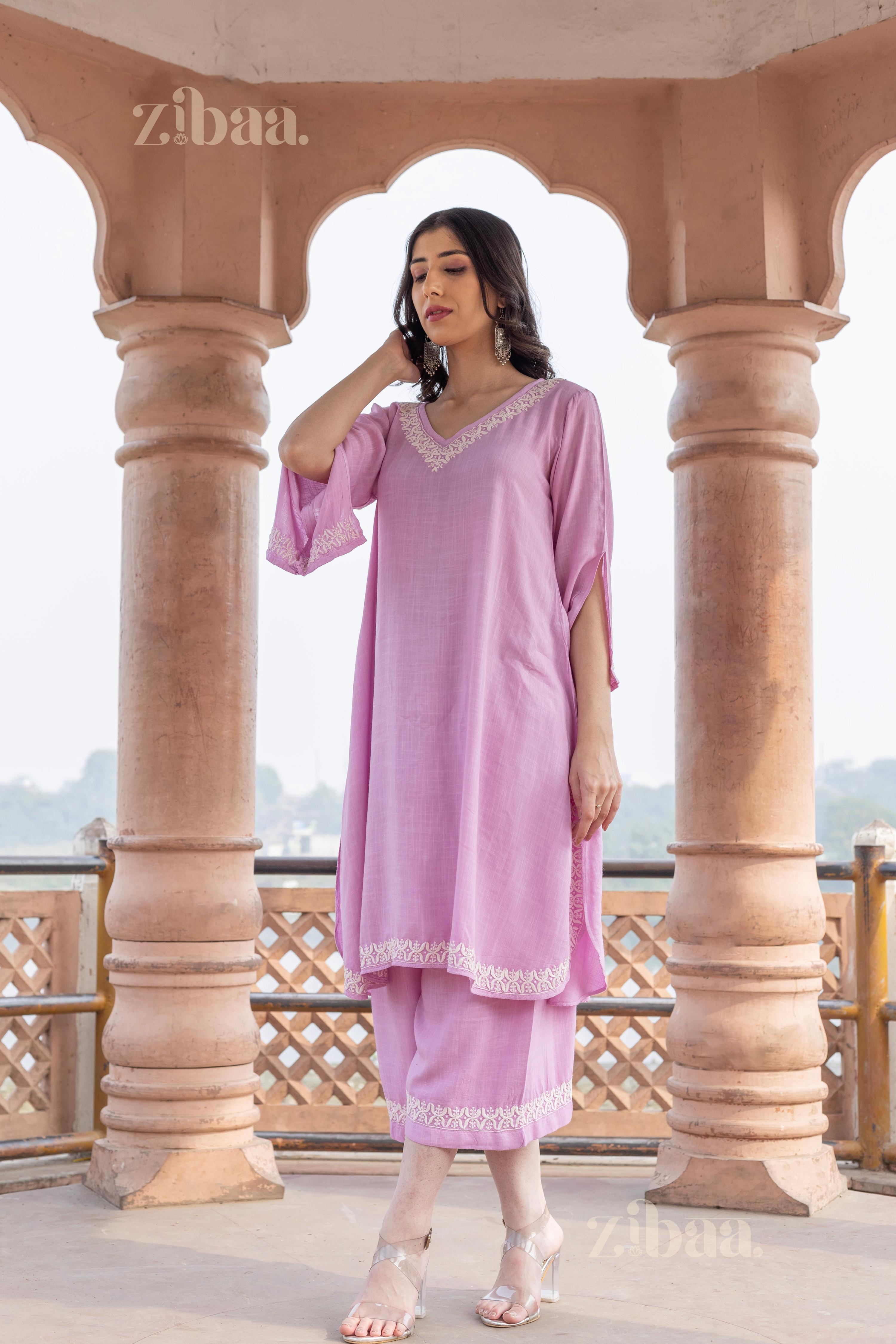 Zibaa Lilac Rayon Chikankari Co-ord Set - Distacart