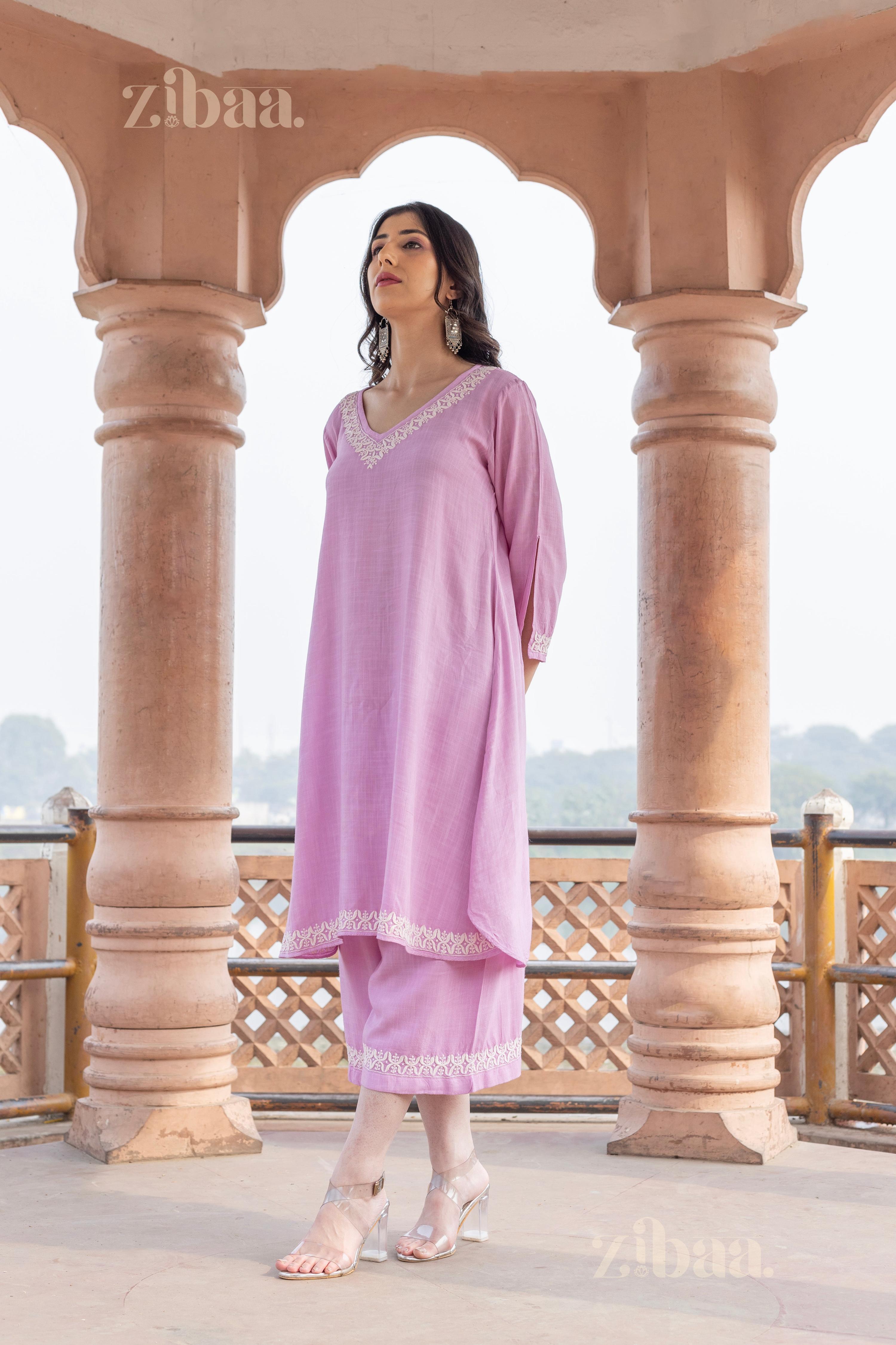 Zibaa Lilac Rayon Chikankari Co-ord Set - Distacart