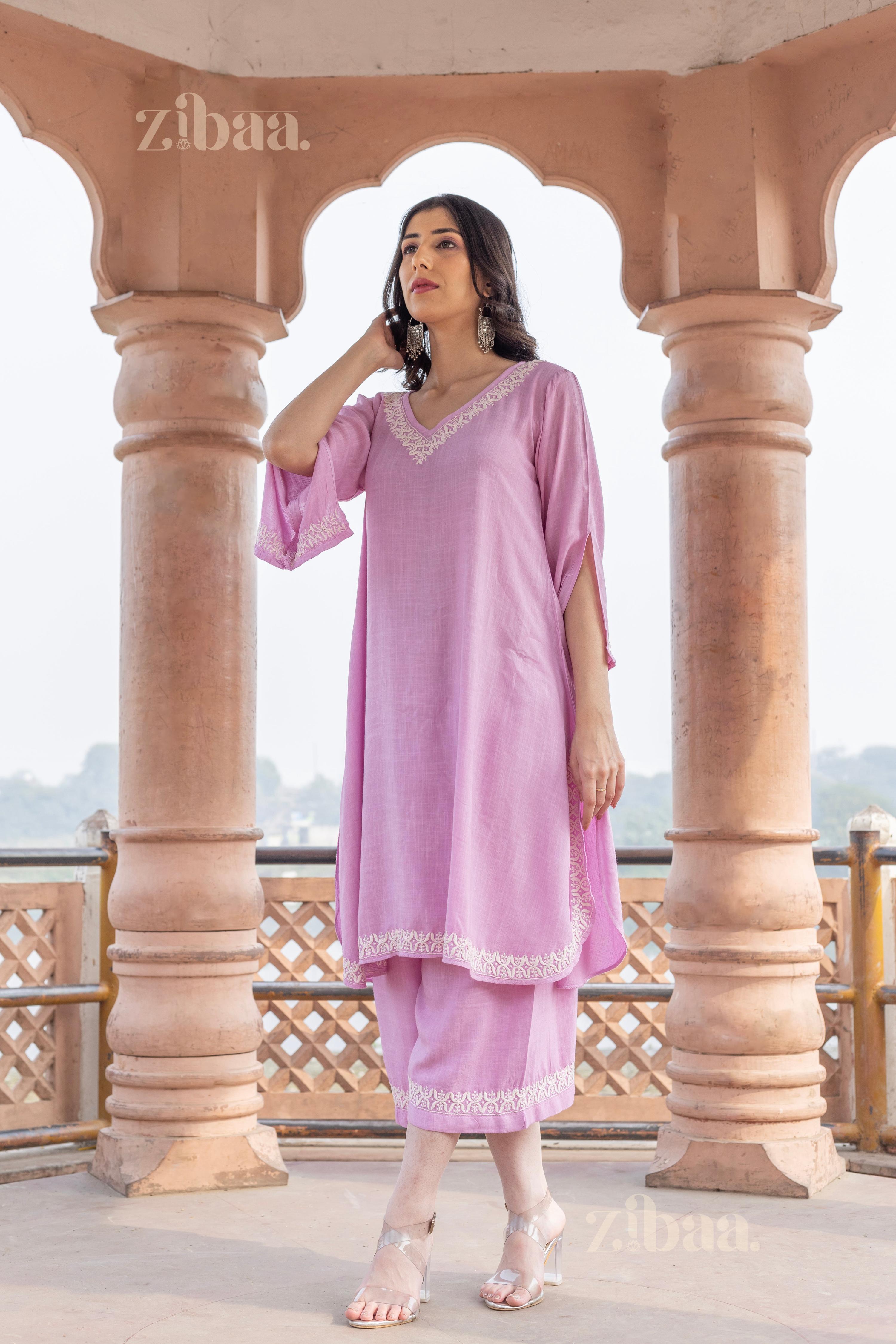 Zibaa Lilac Rayon Chikankari Co-ord Set - Distacart