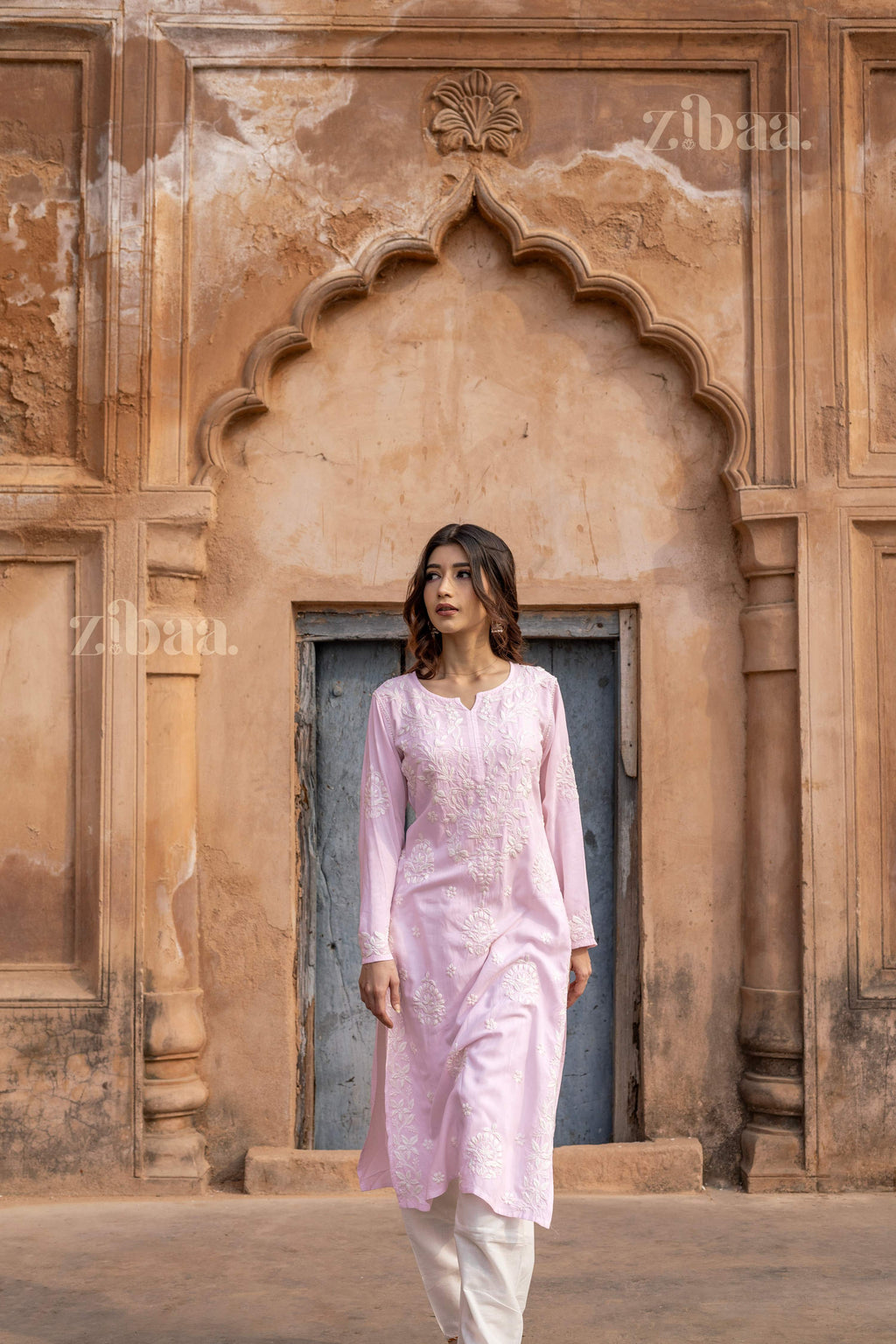 Zibaa Modal Blush Pink Long Chikankari Kurti - Distacart