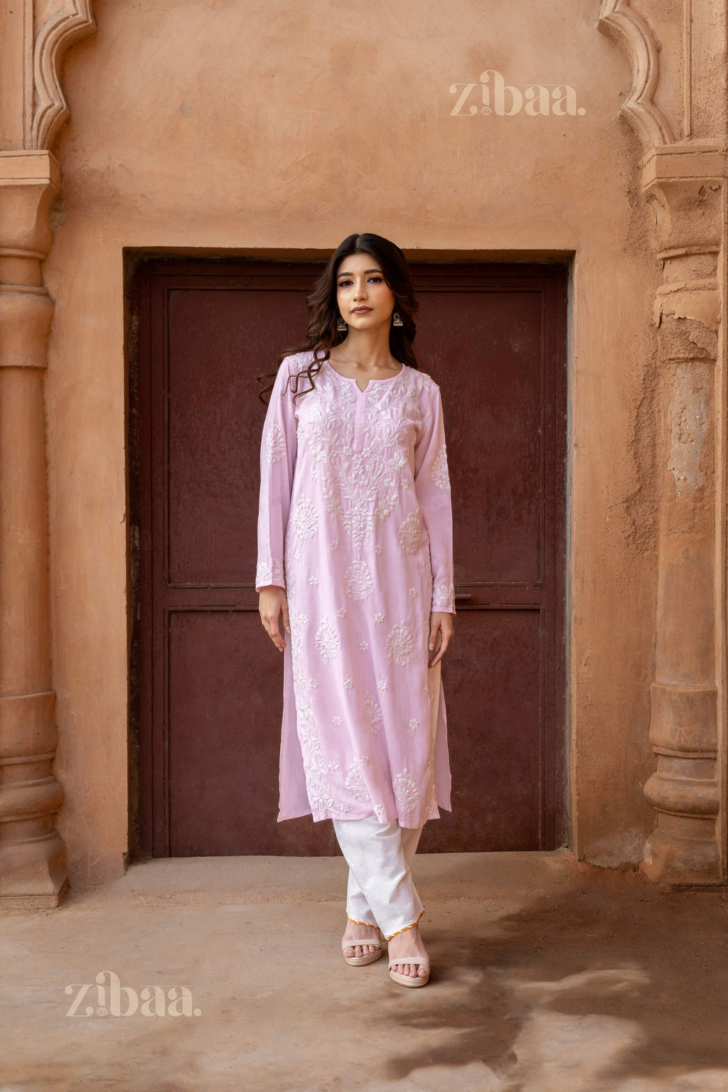 Zibaa Modal Blush Pink Long Chikankari Kurti - Distacart