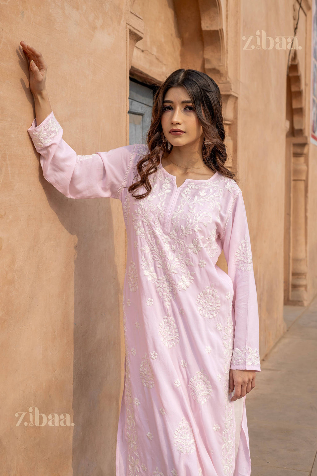 Zibaa Modal Blush Pink Long Chikankari Kurti - Distacart