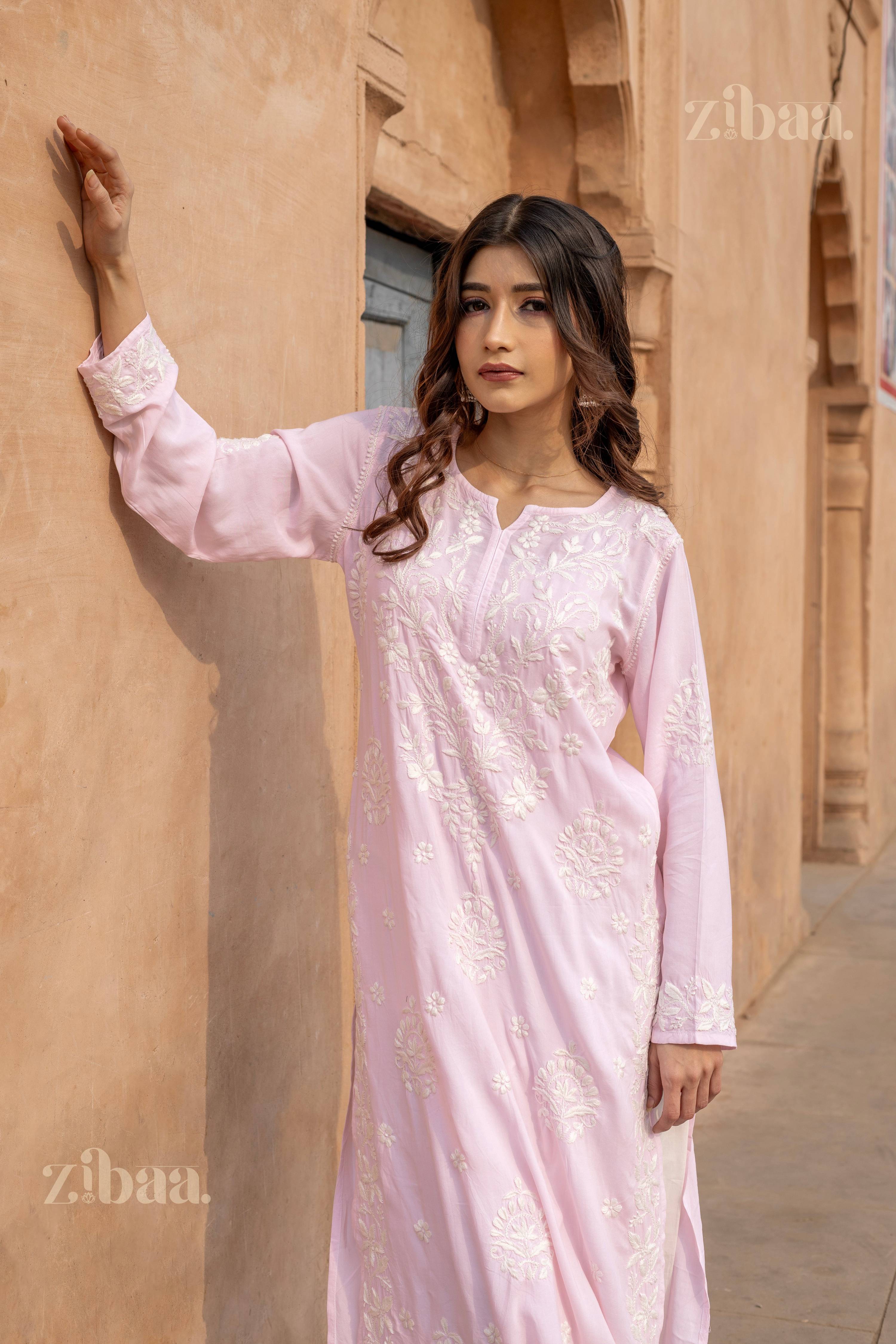 Zibaa Modal Blush Pink Long Chikankari Kurti - Distacart