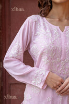 Zibaa Modal Blush Pink Long Chikankari Kurti - Distacart