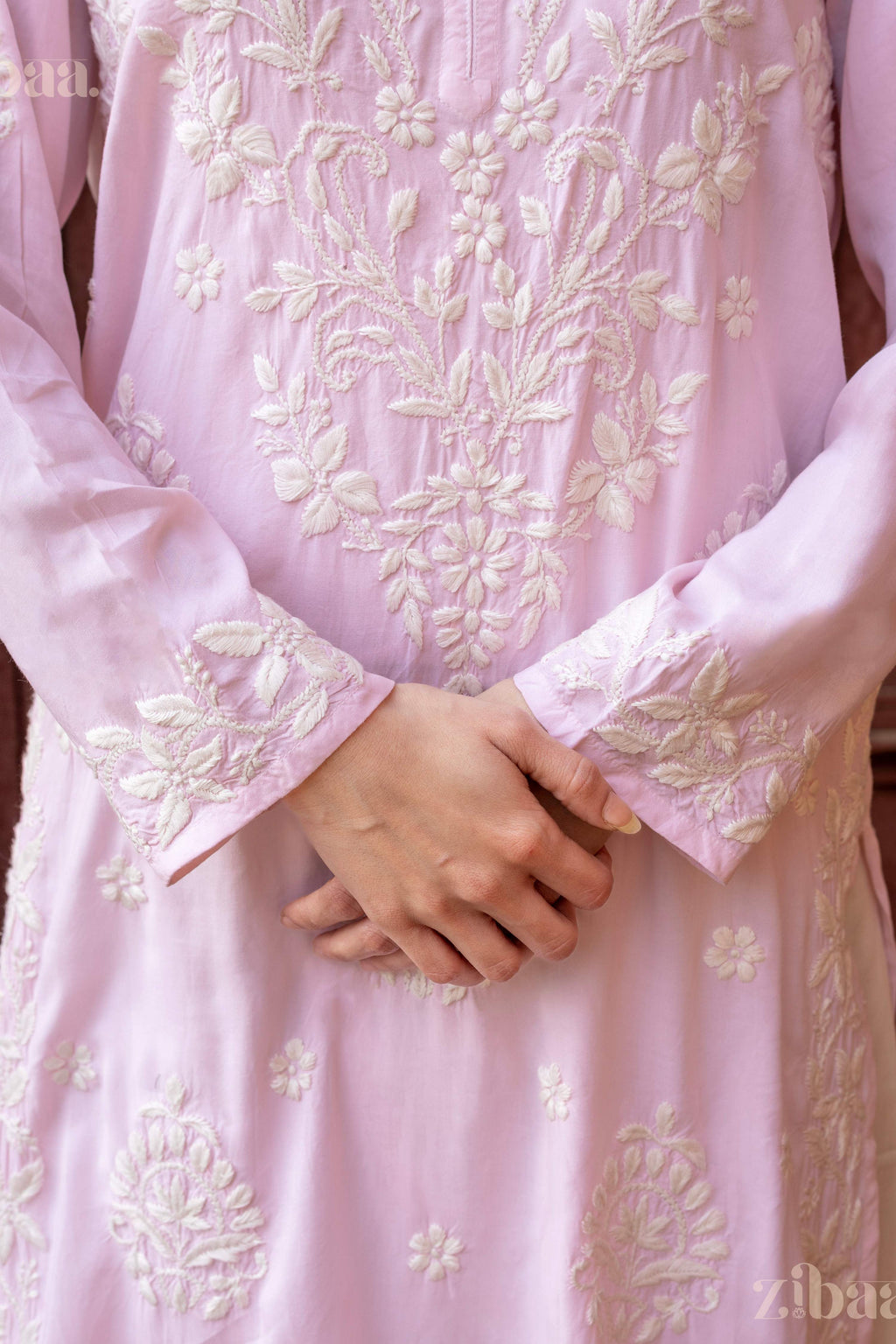 Zibaa Modal Blush Pink Long Chikankari Kurti - Distacart