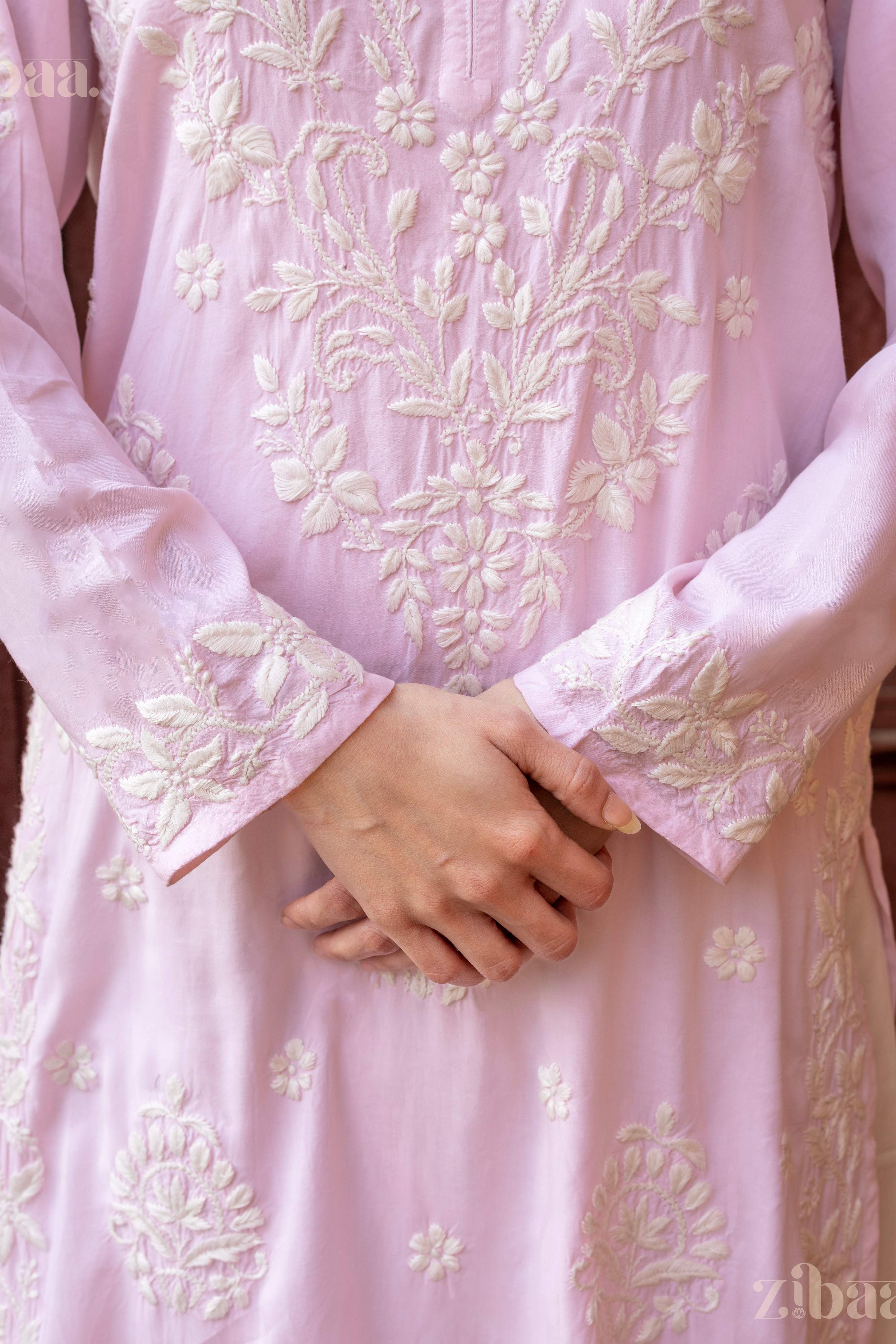 Zibaa Modal Blush Pink Long Chikankari Kurti - Distacart