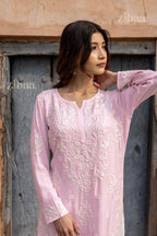 Zibaa Modal Blush Pink Long Chikankari Kurti - Distacart